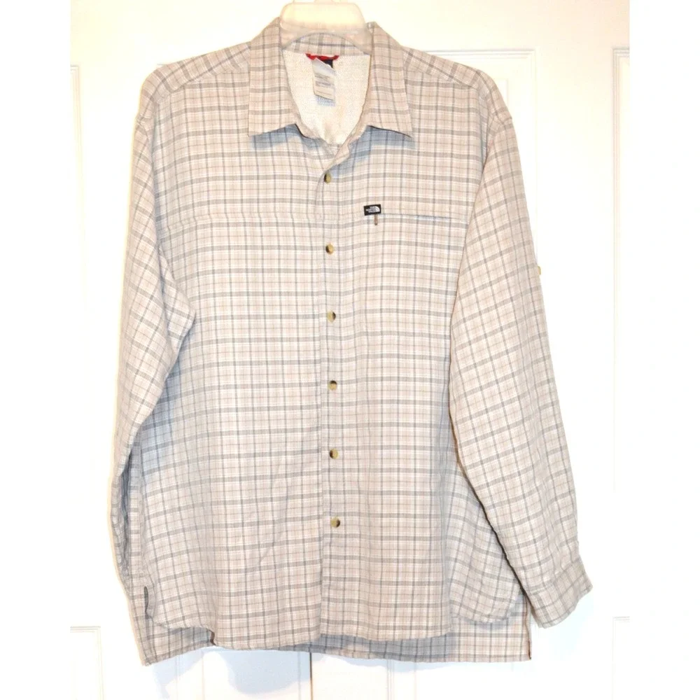 The North Face Long Sleeve Button Up Shirt Men's Size XL Beige Black Plaid‎ Nice